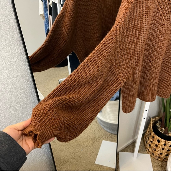 🤎 Boohoo Textured Knit Balloon Sleeve Sweater | Cozy Brown Sz S-M - Picture 5 of 6
